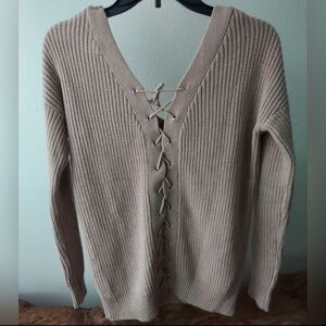 Charlotte Russe Beige Lace-Up V-Neck Sweater
